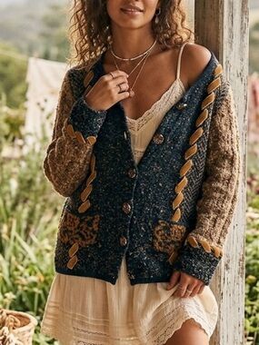 Vintage Curio Mixed Yarn Patchwork Knit Cardigan Boho Artsy